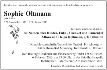 Anzeige  Sophie Oltmann  Lippische Landes-Zeitung