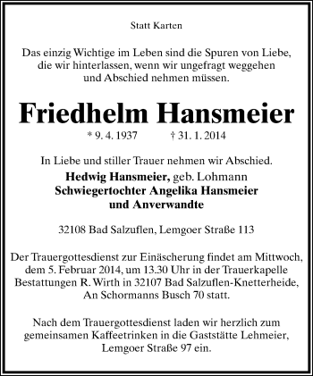 Anzeige  Friedhelm Hansmeier  Lippische Landes-Zeitung