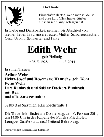 Anzeige  Edith Wehr  Lippische Landes-Zeitung