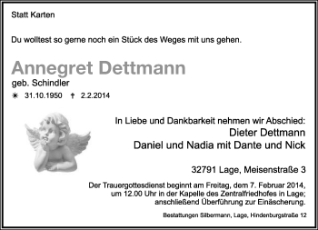 Anzeige  Annegret Dettmann  Lippische Landes-Zeitung