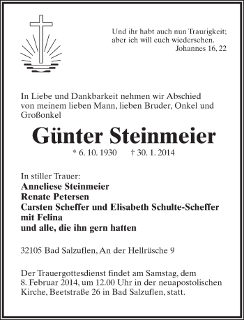 Anzeige  Günter Steinmeier  Lippische Landes-Zeitung