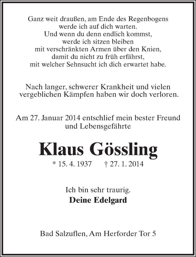  Traueranzeige für Klaus Gössling vom 04.02.2014 aus Lippische Landes-Zeitung