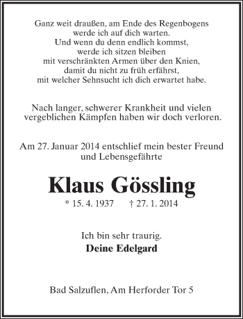 Anzeige  Klaus Gössling  Lippische Landes-Zeitung