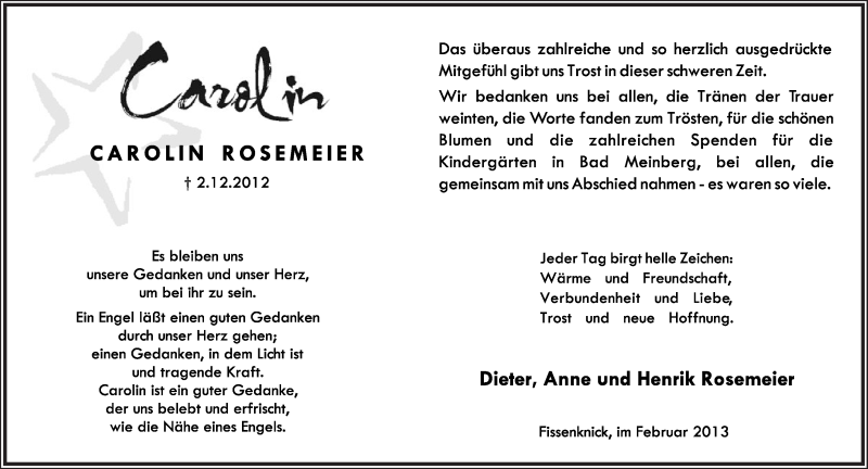  Traueranzeige für Carolin Rosemeier vom 02.02.2013 aus Lippische Landes-Zeitung