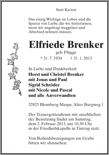 Anzeige  Elfriede Brenker  Lippische Landes-Zeitung