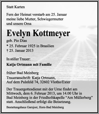 Anzeige  Evelyn Kottmeyer  Lippische Landes-Zeitung