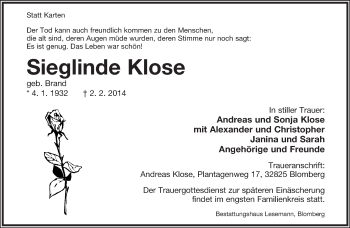 Anzeige  Sieglinde Klose  Lippische Landes-Zeitung