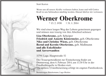 Anzeige  Werner Oberkrome  Lippische Landes-Zeitung