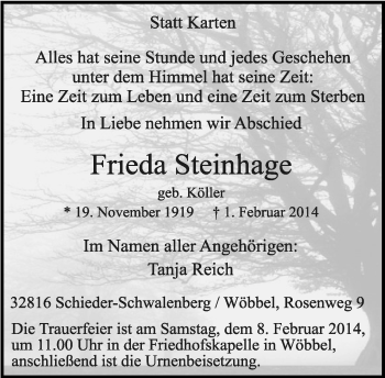 Anzeige  Frieda Steinhage  Lippische Landes-Zeitung