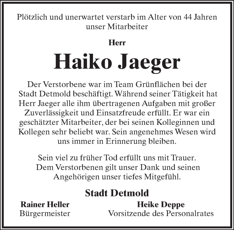  Traueranzeige für Haiko Jaeger vom 04.02.2014 aus Lippische Landes-Zeitung