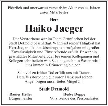 Anzeige  Haiko Jaeger  Lippische Landes-Zeitung