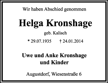 Anzeige  Helga Kronshage  Lippische Landes-Zeitung