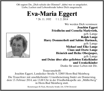 Anzeige  Eva-Maria Eggert  Lippische Landes-Zeitung