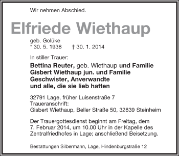 Anzeige  Elfriede Wiethaup  Lippische Landes-Zeitung