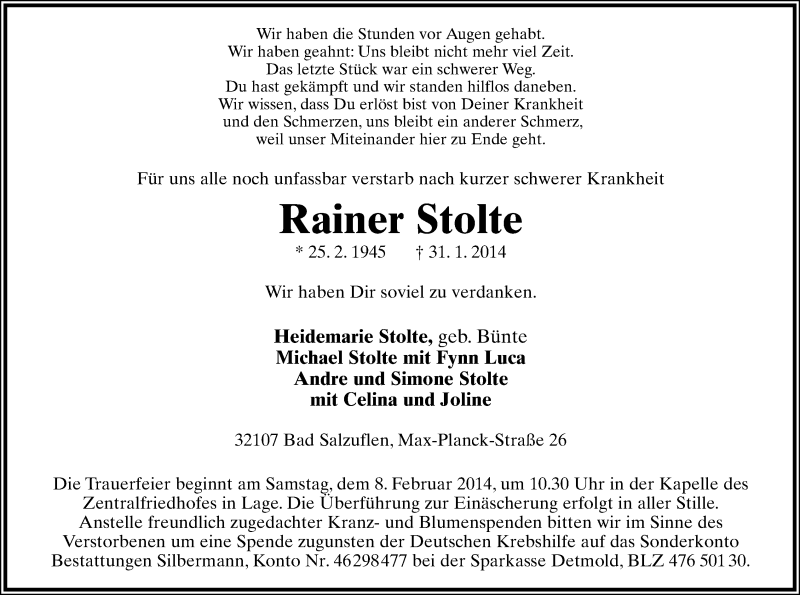  Traueranzeige für Rainer Stolte vom 04.02.2014 aus Lippische Landes-Zeitung