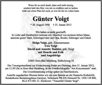 Anzeige  Günter Voigt  Lippische Landes-Zeitung
