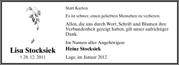 Anzeige  Lisa Stocksiek  Lippische Landes-Zeitung