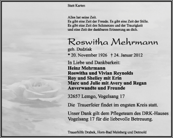 Anzeige  Roswitha Mehrmann  Lippische Landes-Zeitung
