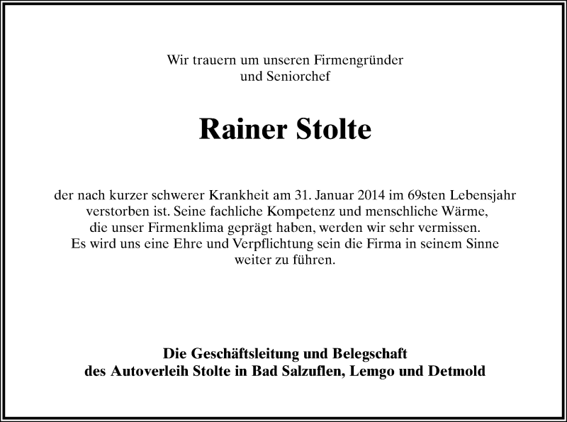  Traueranzeige für Rainer Stolte vom 04.02.2014 aus Lippische Landes-Zeitung