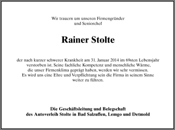 Anzeige  Rainer Stolte  Lippische Landes-Zeitung