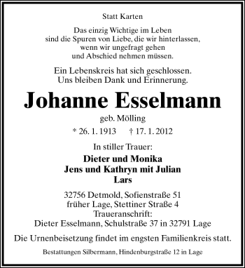 Anzeige  Johanne Esselmann  Lippische Landes-Zeitung