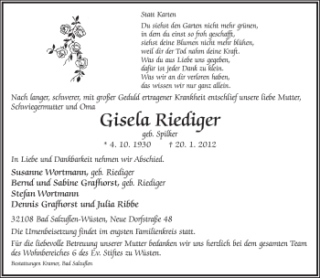 Anzeige  Gisela Riediger  Lippische Landes-Zeitung