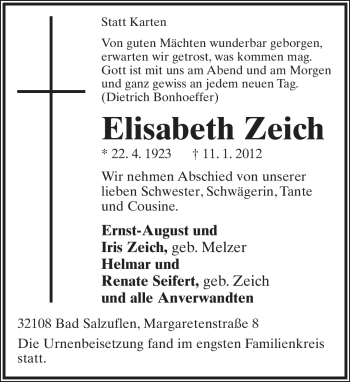 Anzeige  Elisabeth Zeich  Lippische Landes-Zeitung