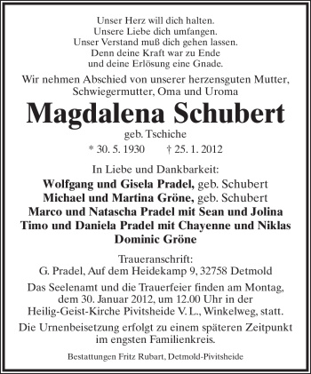 Anzeige  Magdalena Schubert  Lippische Landes-Zeitung