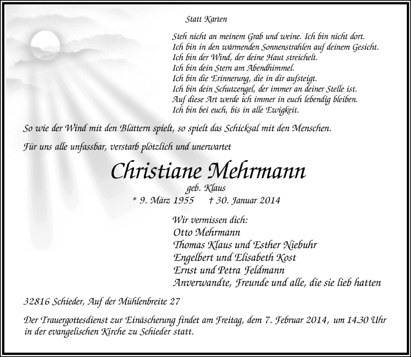  Traueranzeige für Christiane Mehrmann vom 04.02.2014 aus Lippische Landes-Zeitung