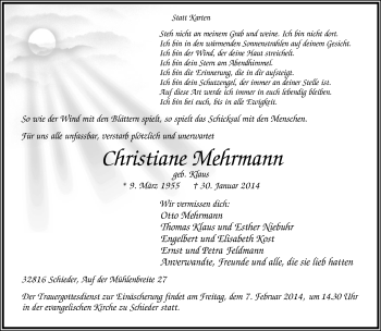 Anzeige  Christiane Mehrmann  Lippische Landes-Zeitung