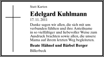 Anzeige  Edelgard Kuhlmann  Lippische Landes-Zeitung