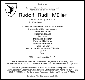 Anzeige  Rudolf Müller  Lippische Landes-Zeitung