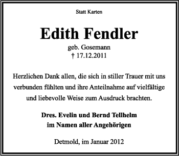 Anzeige  Edith Fendler  Lippische Landes-Zeitung