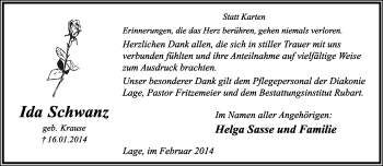 Anzeige  Ida Schwanz  Lippische Landes-Zeitung