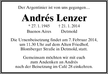 Anzeige  Andrés Lenzer  Lippische Landes-Zeitung