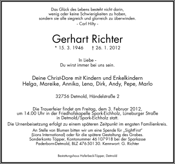 Anzeige  Gerhart Richter  Lippische Landes-Zeitung