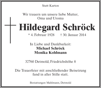 Anzeige  Hildegard Schröck  Lippische Landes-Zeitung
