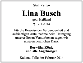 Anzeige  Lina Busch  Lippische Landes-Zeitung