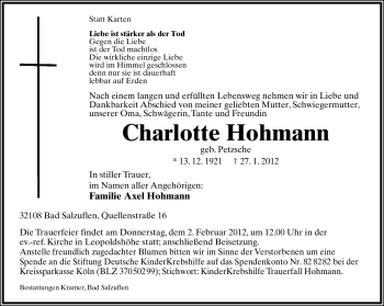 Anzeige  Charlotte Hohmann  Lippische Landes-Zeitung