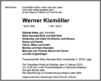 Anzeige  Werner Kixmöller  Lippische Landes-Zeitung