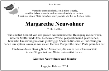 Anzeige  Margarethe Neuwohner  Lippische Landes-Zeitung
