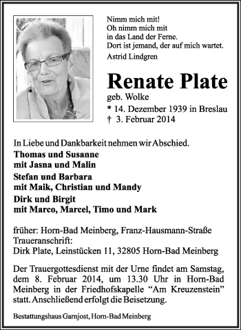 Anzeige  Renate Plate  Lippische Landes-Zeitung