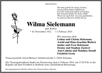Anzeige  Wilma Sielemann  Lippische Landes-Zeitung