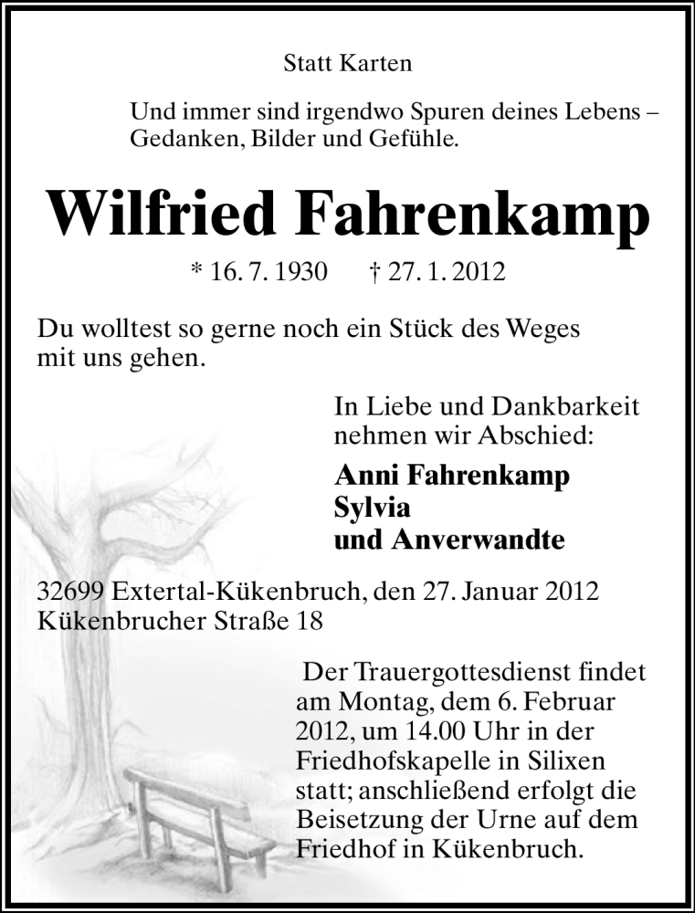  Traueranzeige für Wilfried Fahrenkamp vom 01.02.2012 aus Lippische Landes-Zeitung