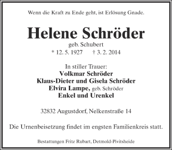 Anzeige  Helene Schröder  Lippische Landes-Zeitung