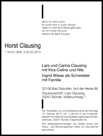 Anzeige  Horst Clausing  Lippische Landes-Zeitung