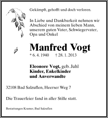 Anzeige  Manfred Vogt  Lippische Landes-Zeitung
