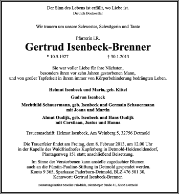 Anzeige  Gertrud Isenbeck-Brenner  Lippische Landes-Zeitung