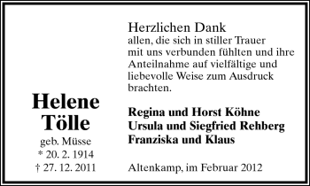 Anzeige  Helene Tölle  Lippische Landes-Zeitung