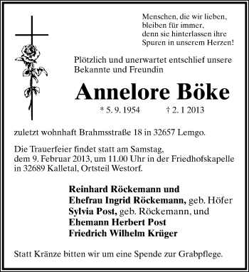 Anzeige  Annelore Böke  Lippische Landes-Zeitung